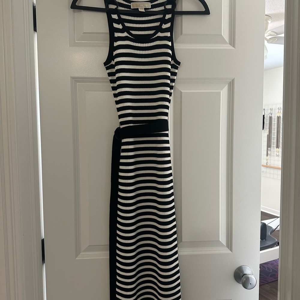 MICHAEL Michael Kors Black and White Striped Midi Dress